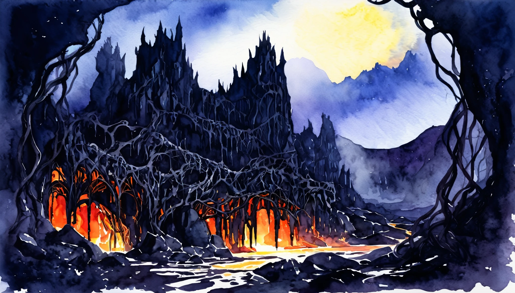 a demonic lair landscape, ((watercolor)), detailed architecture, glowing lava, jagged rocks, twisted vines, moody lighting, dramatic shadows, ethereal atmosphere, 