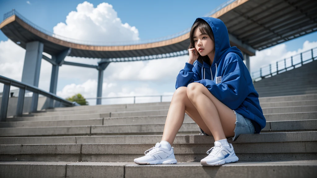 1 girl,blue sky,blurred background,architecture,City,cloud,cloudy sky,sky,depth of field,hood,hooded Jacket,hoodie,Jacket,Side,Orange Hoodie,look up,Shoe close to the camera,from below,whole body,lips,long sleeve,looking at the audience,motion blur,outdoor,parted lips,railing,shoe,shorts,sitting,sky,Sports shoes,alone,stairs