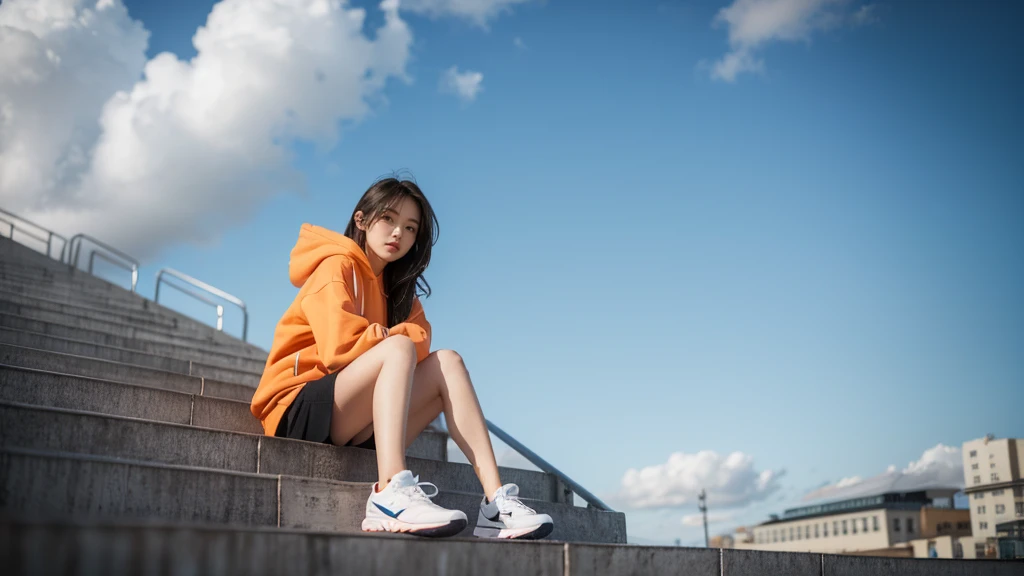 1 girl,blue sky,blurred background,architecture,City,cloud,cloudy sky,sky,depth of field,hood,hooded Jacket,hoodie,Jacket,Side,Orange Hoodie,look up,Shoe close to the camera,from below,whole body,lips,long sleeve,looking at the audience,motion blur,outdoor,parted lips,railing,shoe,shorts,sitting,sky,Sports shoes,alone,stairs