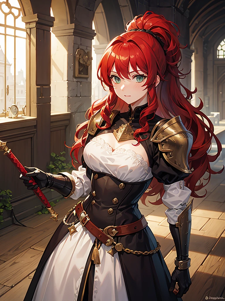 A knightly woman with curly red hair. She would also have green eyes and wear dark souls-style armor.