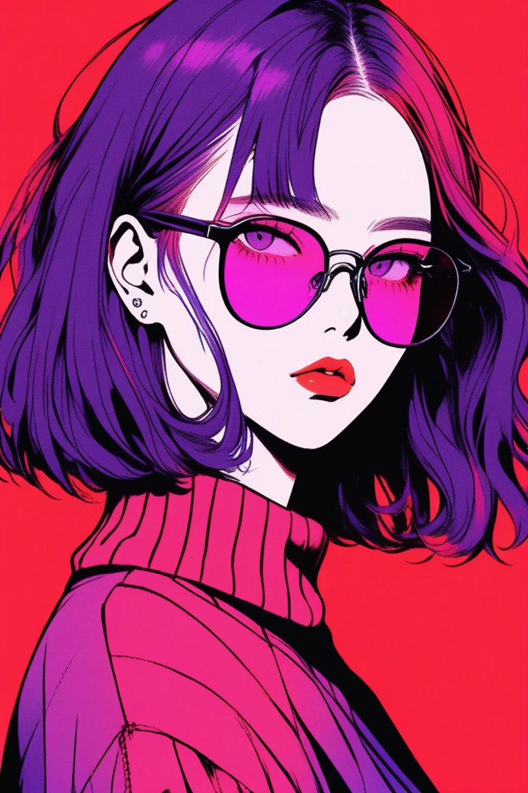 (best quality, sketch:1.2),realistic,illustrator,anime,1 girl, detailed lips, sweater, custom, red gradient background, neon hair, reddish purple hair, straight bobbed hair, no bangs, Forehead showing, wearing glasses, dour, expressionless, critical, mysterious, cool vibes, textured cropping, masterpiece, style retro classic, noir dark 