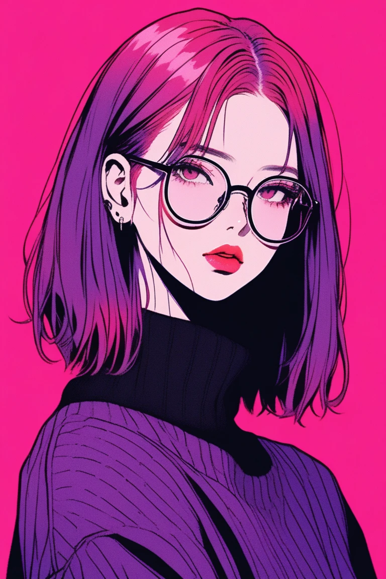 (best quality, sketch:1.2),realistic,illustrator,anime,1 girl, detailed lips, sweater, custom, red gradient background, neon hair, reddish purple hair, straight bobbed hair, no bangs, Forehead showing, wearing glasses, dour, expressionless, critical, mysterious, cool vibes, textured cropping, masterpiece, style retro classic, ???? dark