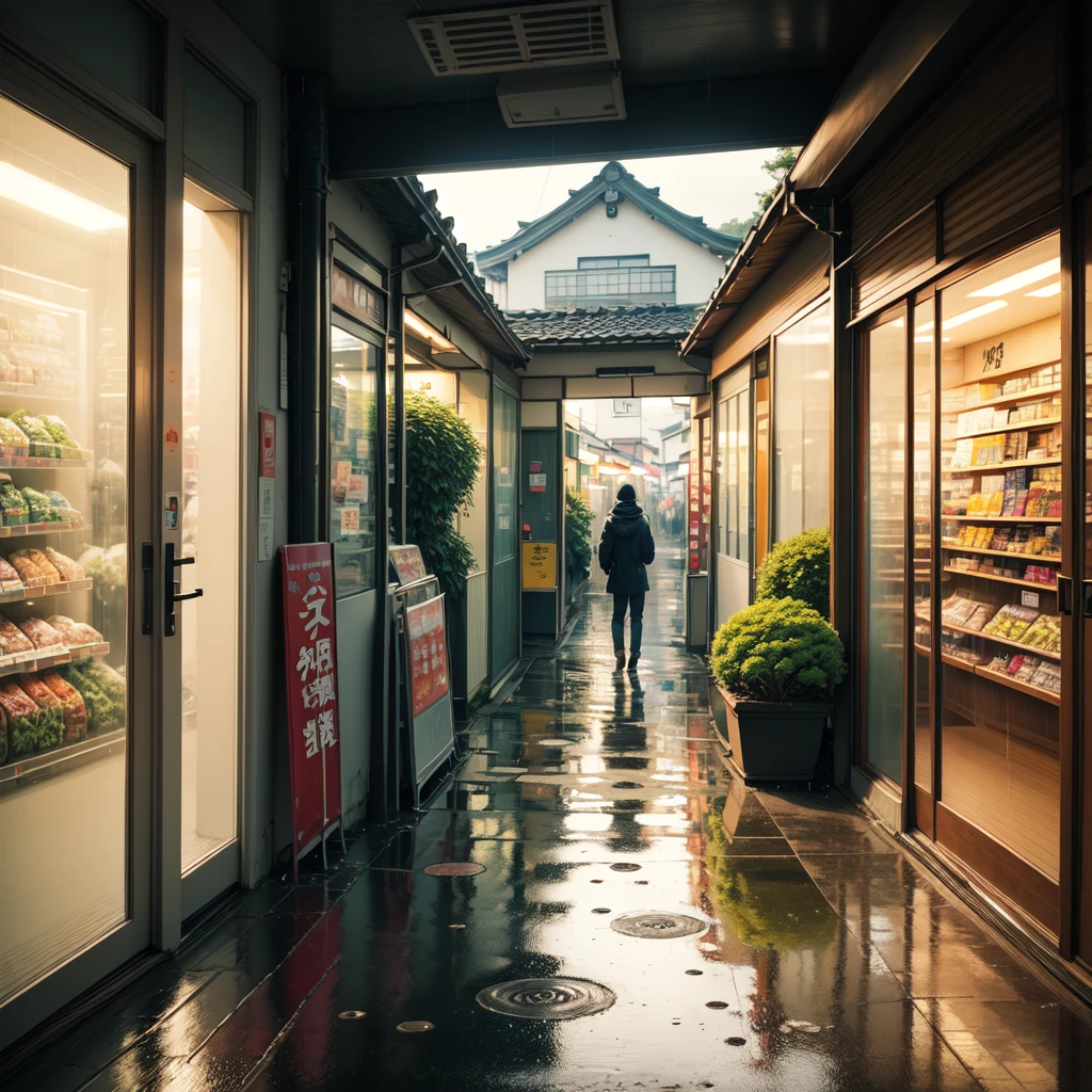 anime background, anime wallpaper, anime, anime style, lofi, lofi style, modern japanese street, modern japanese architecture, japanese convenience store, big retro japanese shop signs, retro japanese store, trees, plants, rocks, plant pots, shop signs, japanese banners, japanese signs, flags, sunrise, rain, raining, heavy rain, dramatic weather, puddles on the floor, rain falling from the sky, rain drops, empty street, no one in sight, (no one: 1), best quality, rural tokyo