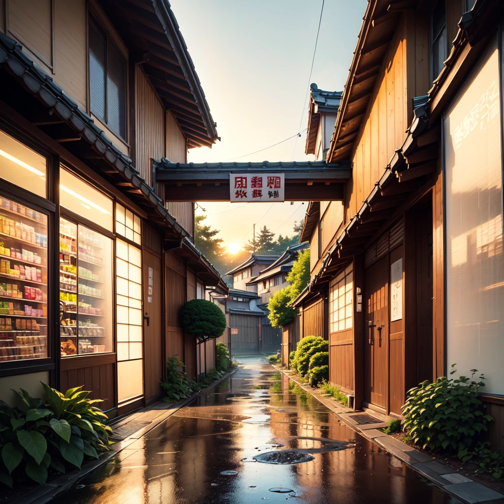 anime background, anime wallpaper, anime, anime style, lofi, lofi style, modern japanese street, modern japanese architecture, japanese convenience store, big retro japanese shop signs, retro japanese store, trees, plants, rocks, plant pots, shop signs, japanese banners, japanese signs, flags, sunrise, rain, raining, heavy rain, dramatic weather, puddles on the floor, rain falling from the sky, rain drops, empty street, no one in sight, (no one: 1), best quality, rural tokyo