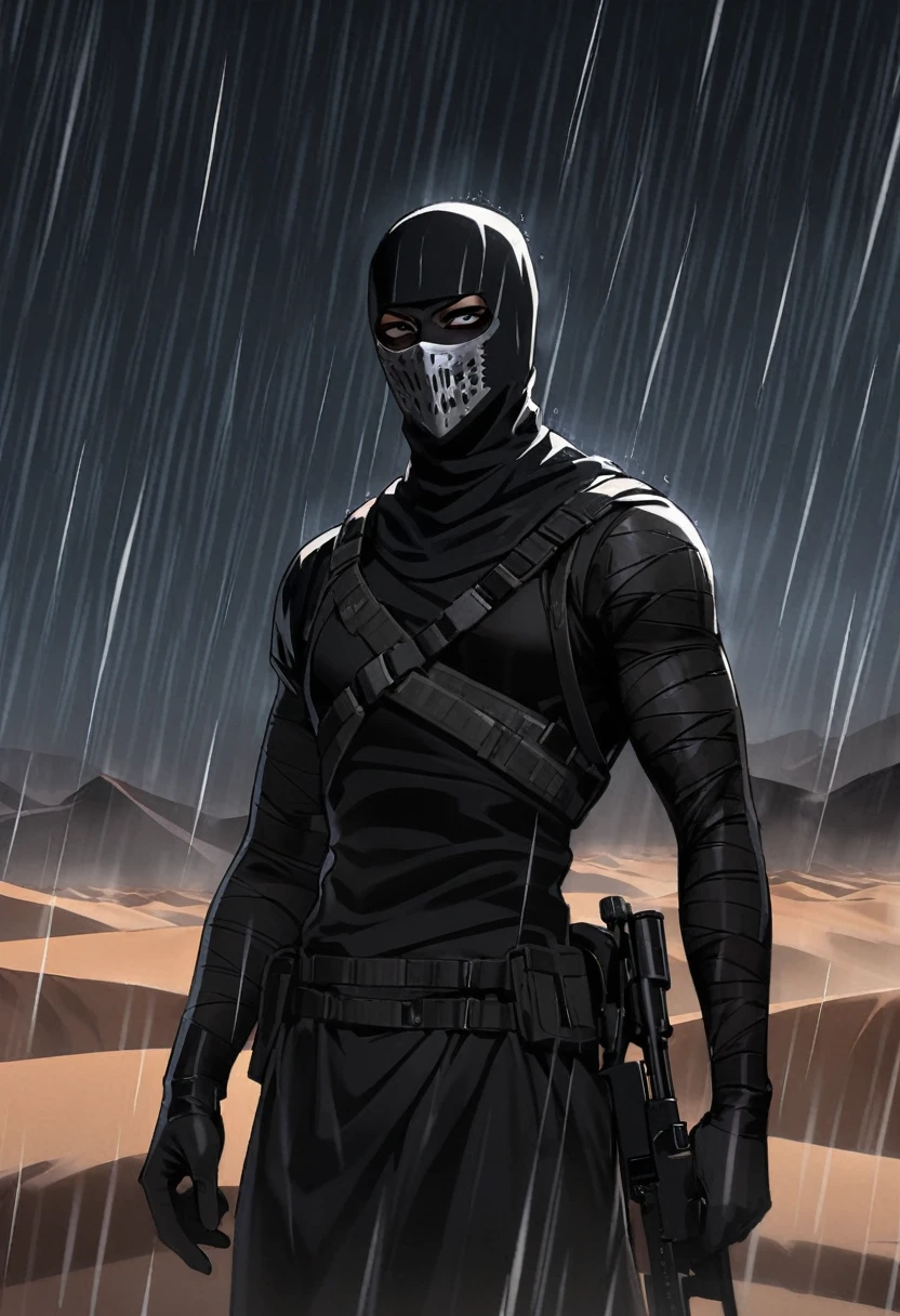 Male arab modern terrorist, terrorist, black balaclava, black bandage, black clothes, thin waist, femboy, light skin, makeup, black eyeliner, big eyelashes, black eyeshadow, choker, desert, night, rain
