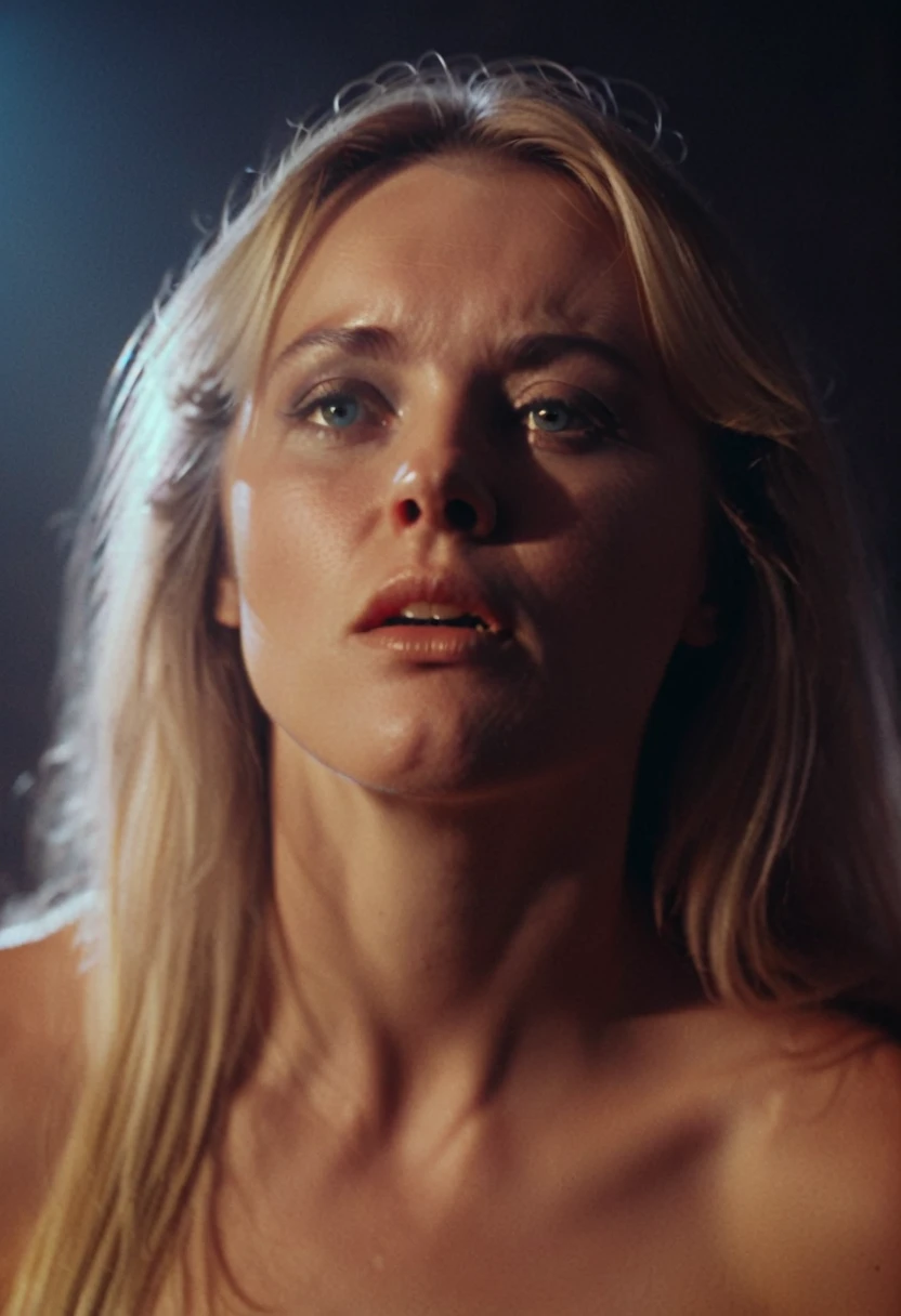 dreamy analog style lighting, 1980 retro synthwave intimate melancholic nostalgia cinematic film extreme macro closeup portrait still of a dreaming norwegian beautiful evil slavic muscular woman, pale skin, long hair, deep in thought, engulfed in strong sunlight and energy beams, dream state