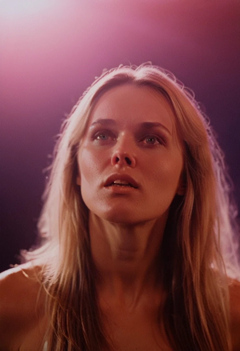 dreamy analog style lighting, 1980 retro synthwave intimate melancholic nostalgia cinematic film extreme macro closeup portrait still of a dreaming norwegian beautiful evil slavic muscular woman, pale skin, long hair, deep in thought, engulfed in strong sunlight and energy beams, dream state