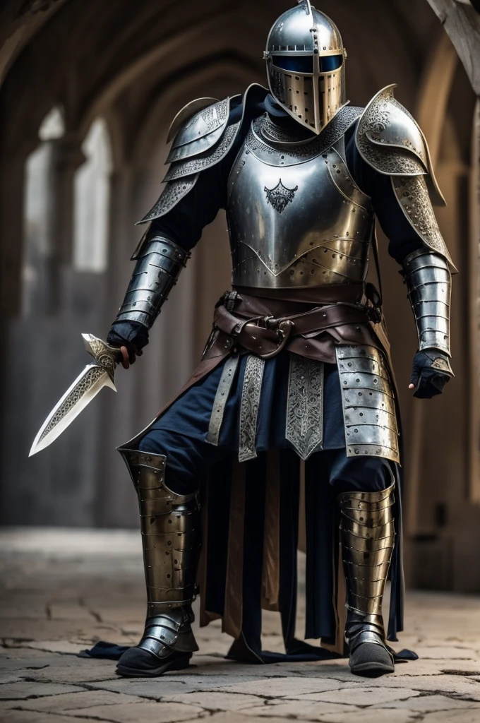 A helmeted knight, kneeling looking down, holding a sword in one of his hands