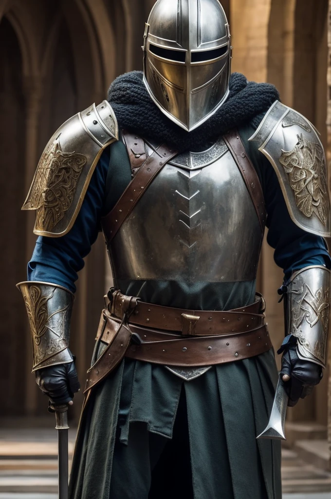 A helmeted knight, kneeling looking down, holding a sword in one of his hands