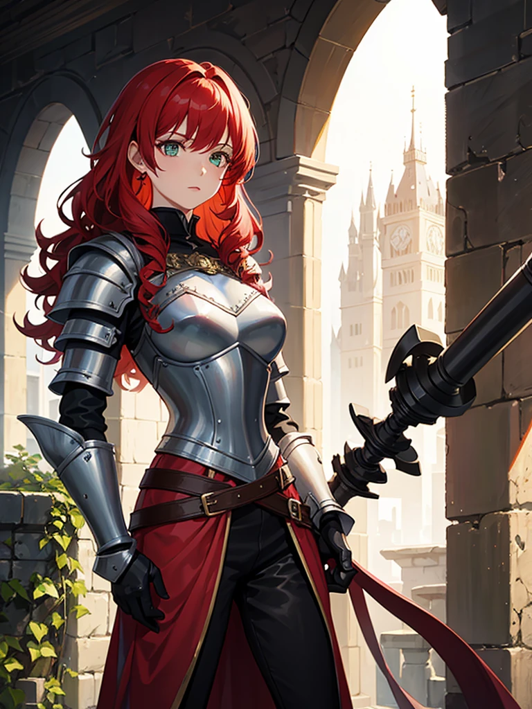 A knightly woman with curly red hair. She would also have green eyes and wear dark souls-style armor.