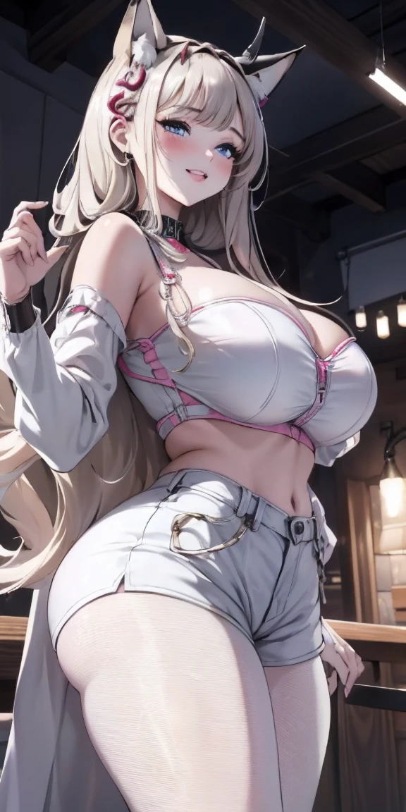 beautiful, breathtaking mature fox-woman, large, sagging breasts, light black hair with white streaks, earrings, (short shorts, superiority, naughty, thick thighs, with a sexy neckline: 1.1), (micro shorts: 1.1), ((masterpiece, best quality; 1.3)), ultra detailed, 8k unity wallpapers, CG, ray tracing, illustration, colorful, cinematic shadow, extremely detailed and beautiful background, vhd, VRay Shading, RT)), (slutty face: 1.2), mischievous smile, (large saggy breasts), wide hips, big ass, flirting with the viewer, facing the viewer, facial blush, standing in front, cute sexy pose, cowboy shot, on home porch, night, bright, bright light, ultra detailed, scenic, atmospheric, bimbo, big lips, detailed face and eyes, tilt headshot, intimacy, medium shot, thigh height, from below, gyaru, hair clip, ((wearring white sheer pantyhose))