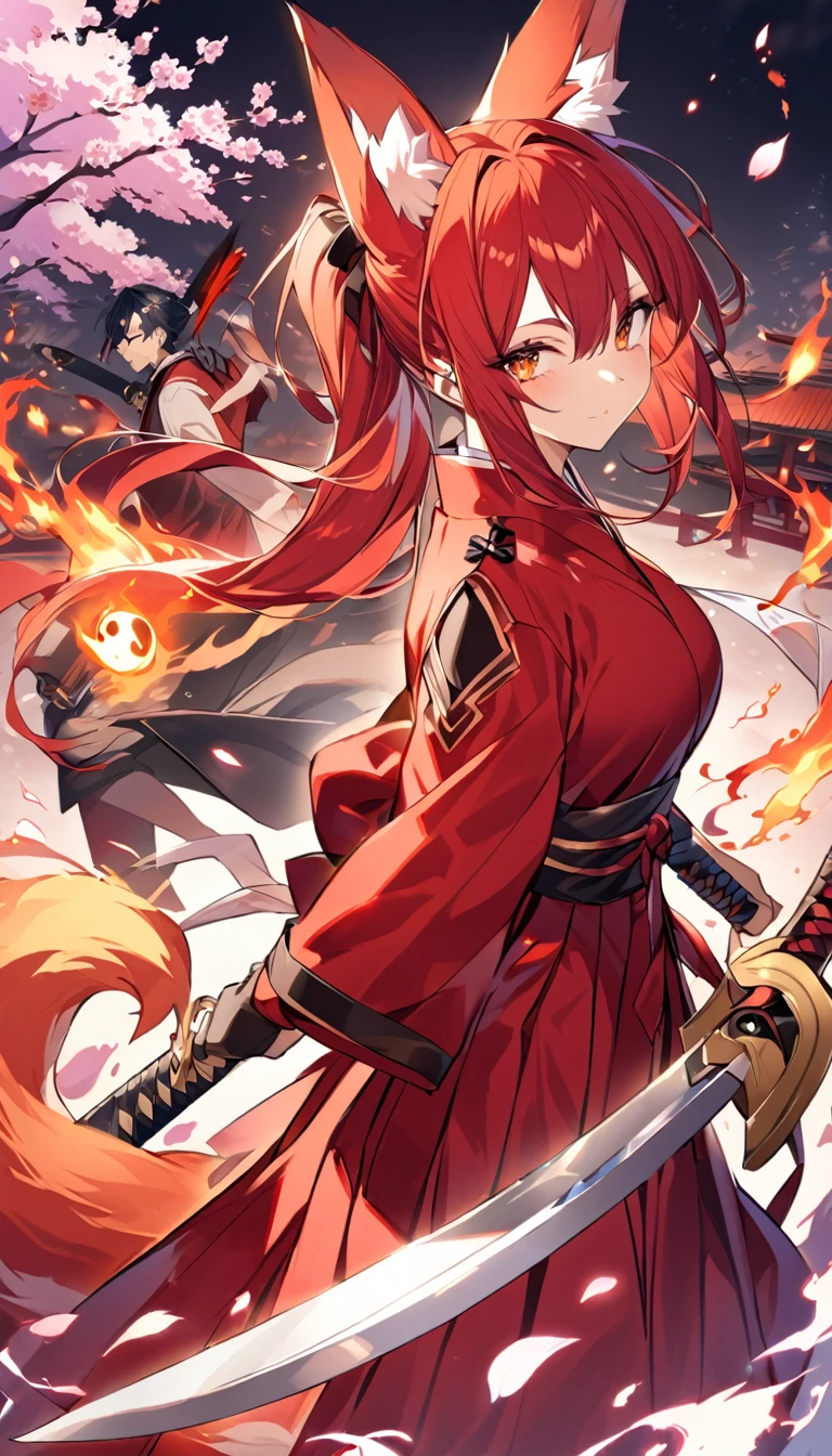 Red long ponytail、Fox ears and nine fox tails of the same color as her hair、A sword with a burning blade、A man wearing a red jacket and hakama、Very large bust、Cherry blossoms and flames scatter、The right eye is a Yin Yang symbol.