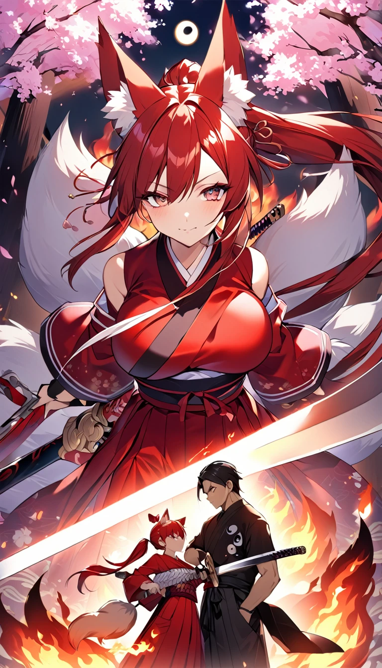 Red long ponytail、Fox ears and nine fox tails of the same color as her hair、A sword with a burning blade、A man wearing a red jacket and hakama、Very large bust、Cherry blossoms and flames scatter、The right eye is a Yin Yang symbol.