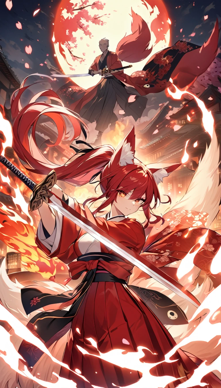 Red long ponytail、Fox ears and nine fox tails of the same color as her hair、A sword with a burning blade、A man wearing a red jacket and hakama、Very large bust、Cherry blossoms and flames scatter、The right eye is a Yin Yang symbol.