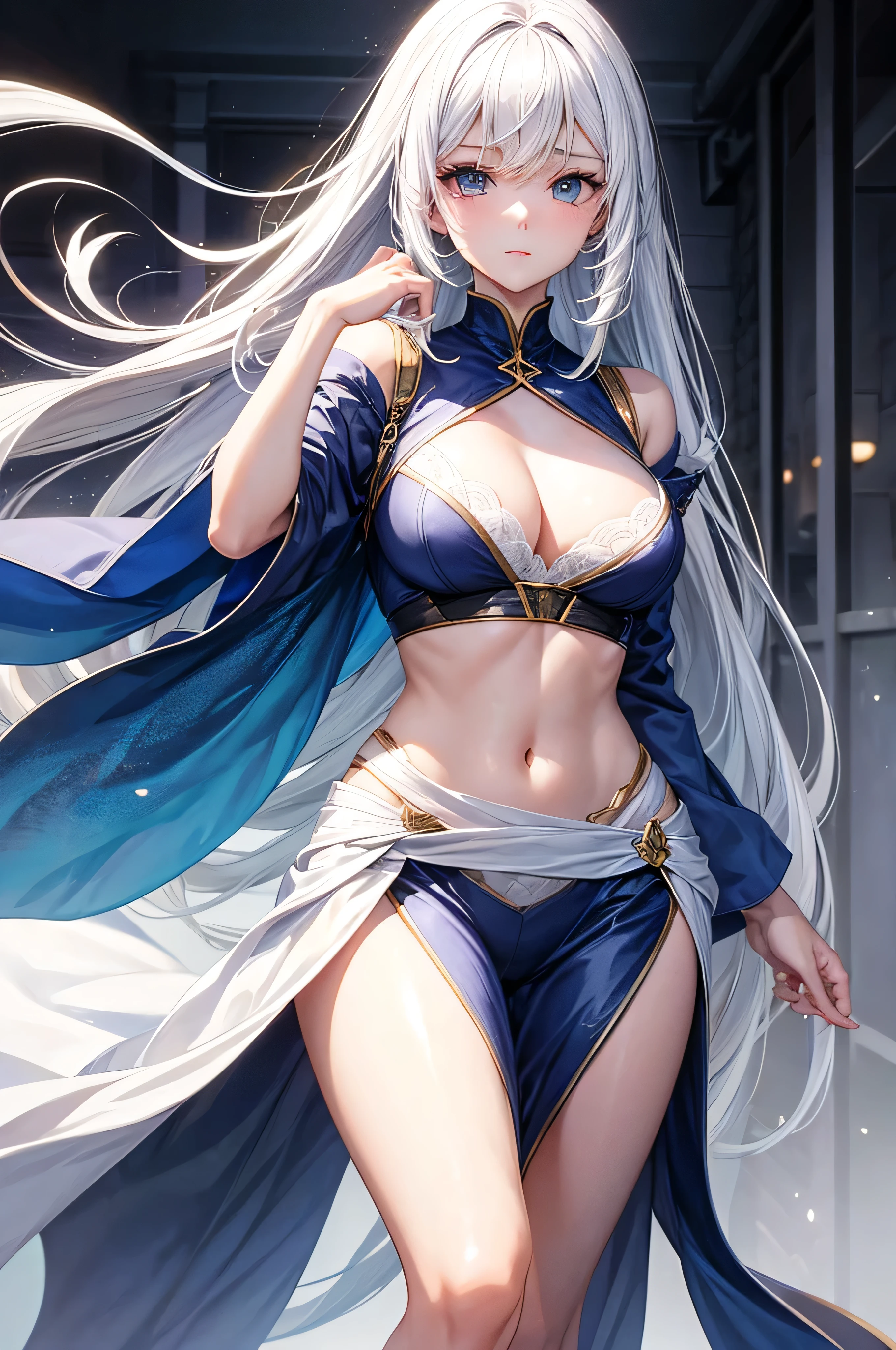 Create a character with white hair, smooth, falling to her waist
