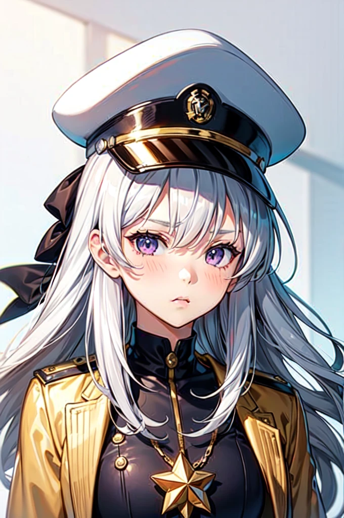 1girl, white hair, captain cap, captain uniform, purple eyes, pouty look, upclose, potrait, slight blush, narrow eyes