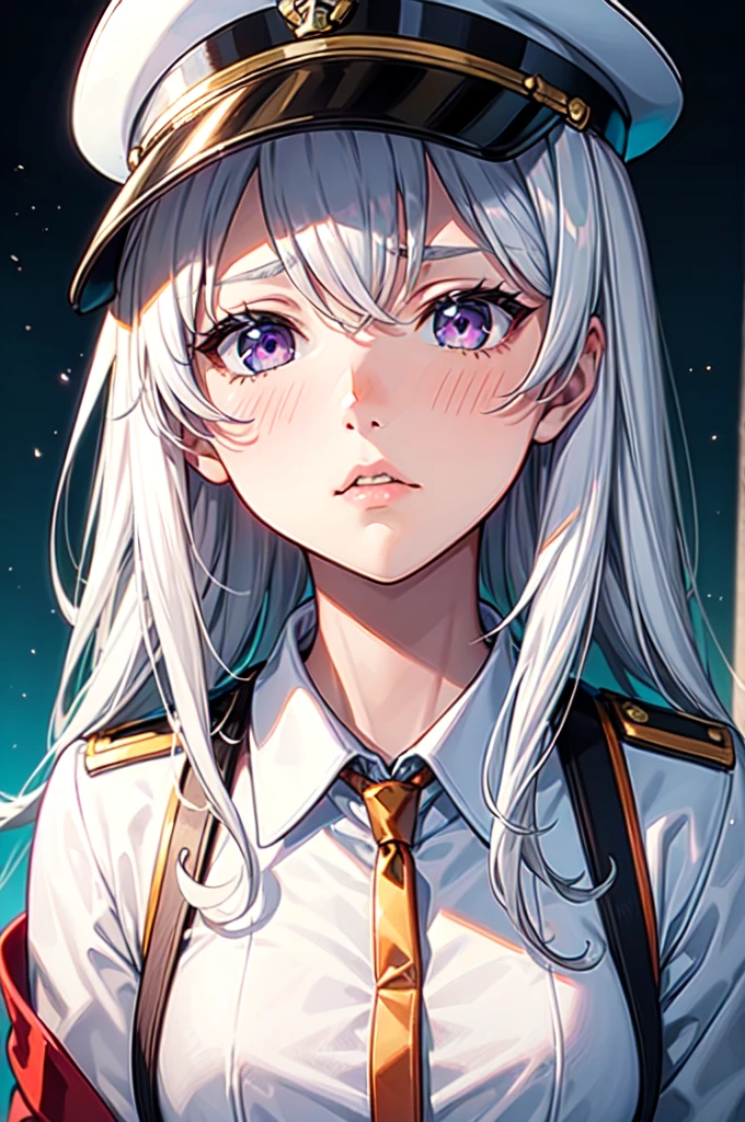 1girl, white hair, captain cap, captain uniform, purple eyes, pouty look, upclose, potrait, slight blush, narrow eyes