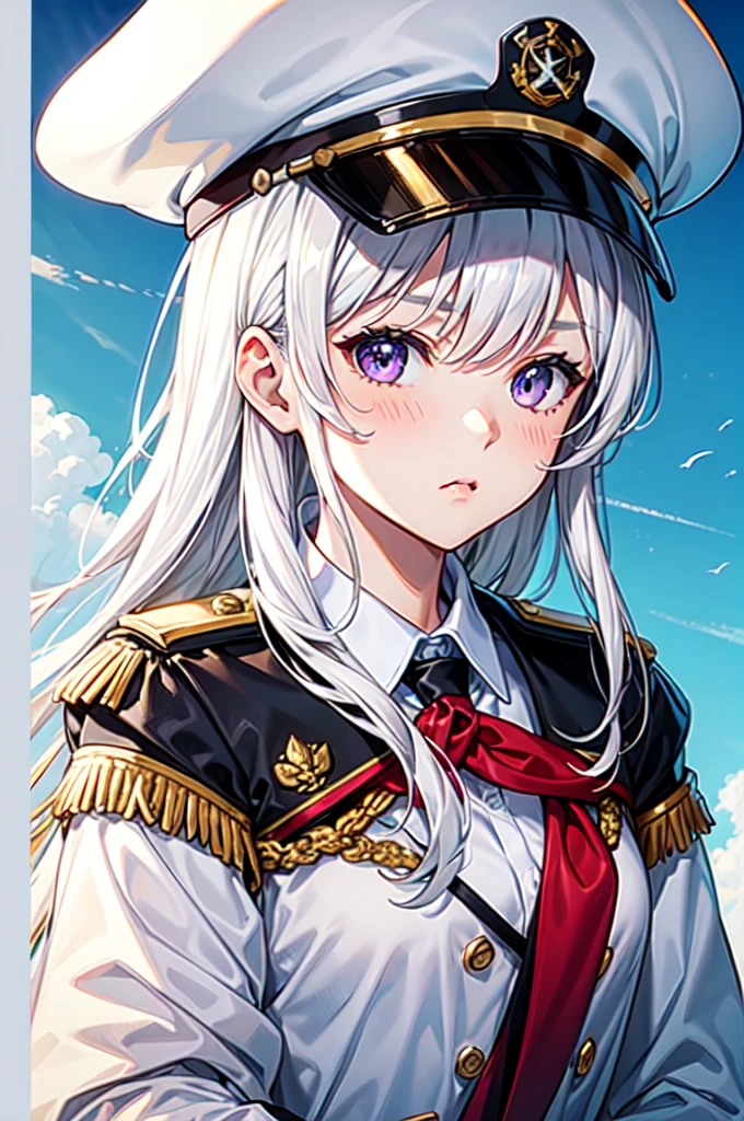 1girl, white hair, captain cap, captain uniform, purple eyes, pouty look, upclose, potrait, slight blush, narrow eyes