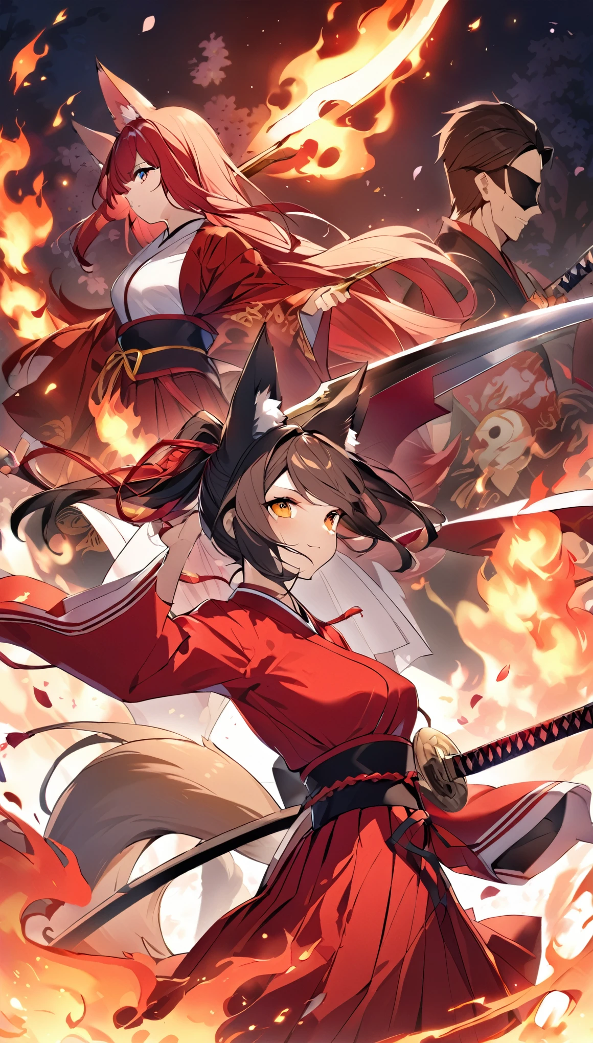 Red long ponytail、Fox ears and nine fox tails of the same color as her hair、A sword with a burning blade、A man wearing a red jacket and hakama、Very large bust、Cherry blossoms and flames scatter、The right eye is a Yin Yang symbol.