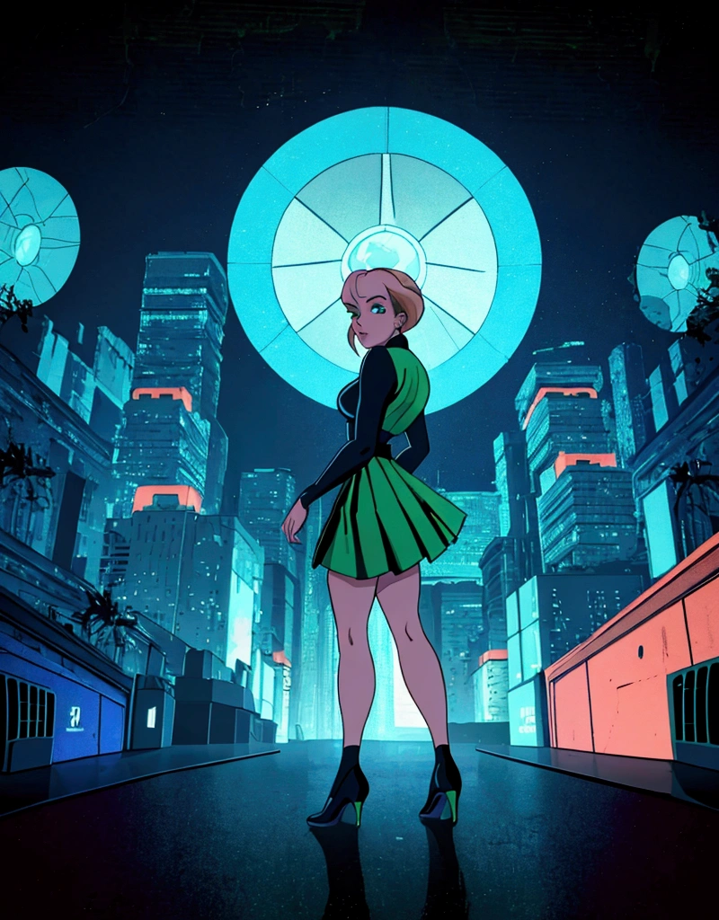 A girl in a short green skirt uniform crossing a futuristic park, atompunk, in the middle of a futuristic city, outdoor, curved buildings, (best quality, 4k, 8k, highres, masterpiece:1.4), ultra-detailed, realistic, photorealistic, photo-realistic:1.37, beautiful detailed eyes, beautiful detailed lips, extremely detailed eyes and face, longeyelashes, detailed illustration, digital art, cinematic lighting, vibrant colors, neon lights, advanced technology, futuristic architecture