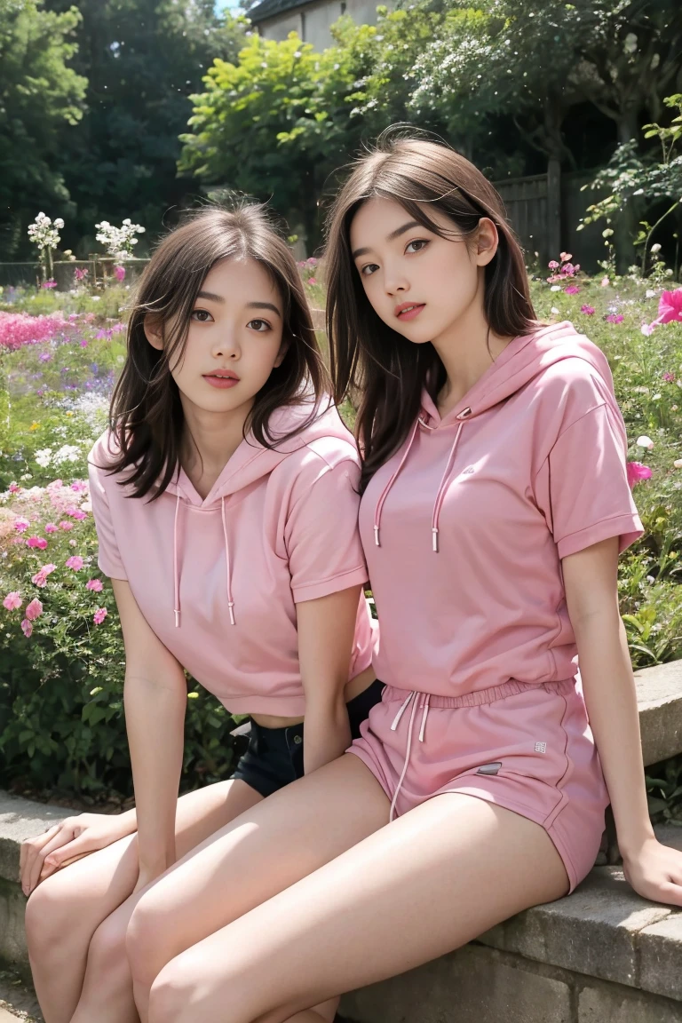 deux femmes ensemble de 18 ans sexy et mince , pink short sleeve hoodie , dans un jardin de fleur, se touche,position sey,sensuel