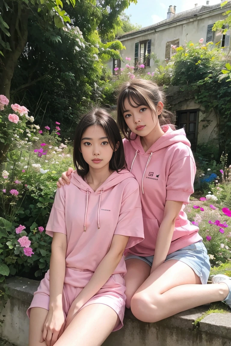 deux femmes ensemble de 18 ans sexy et mince , pink short sleeve hoodie , dans un jardin de fleur, se touche,position sey,sensuel