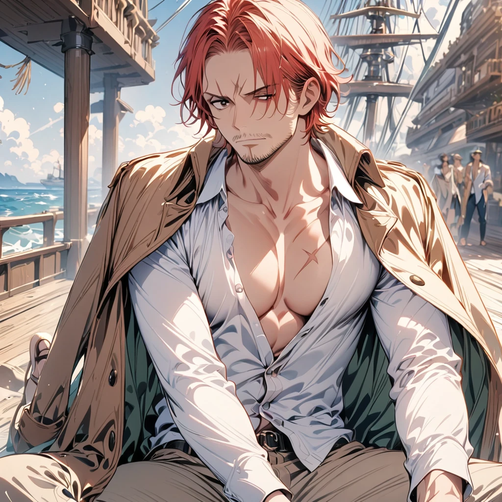 (masterpiece, best quality), intricate details, 1boy, man, red hair, straw hat, Shnks, shanks \(one piece\), scar on face, 3 scar left eye, short hair, shirt, white shirt, male focus, sitting posture, streetstyle pose, open clothes, collared shirt, pants, cape, coat, open shirt, facial hair, scar, sandals, pectorals, partially unbuttoned, pectoral cleavage, coat on shoulders, ship deck background, upper body, straw hat,