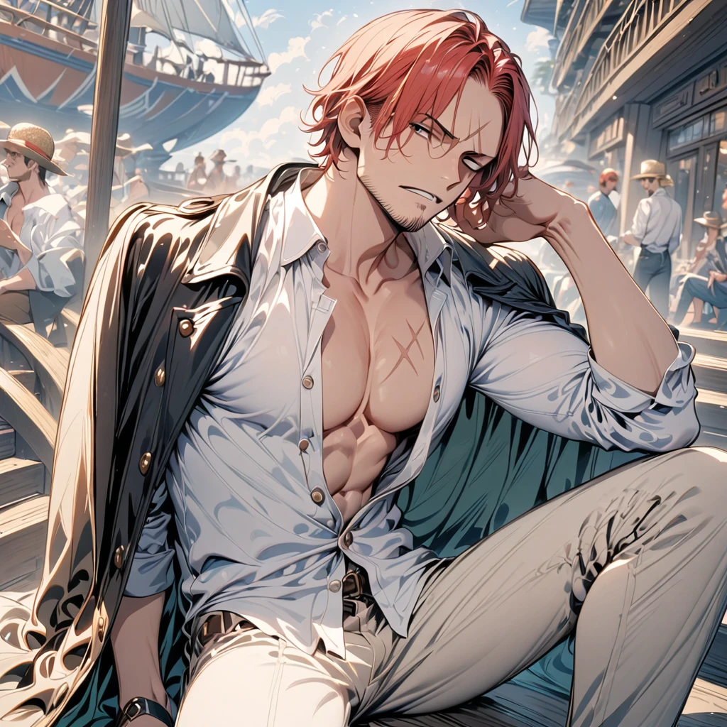 (masterpiece, best quality), intricate details, 1boy, man, red hair, straw hat, Shnks, shanks \(one piece\), scar on face, 3 scar left eye, short hair, shirt, white shirt, male focus, sitting posture, streetstyle pose, open clothes, collared shirt, pants, cape, coat, open shirt, facial hair, scar, sandals, pectorals, partially unbuttoned, pectoral cleavage, coat on shoulders, ship deck background, upper body, straw hat,
