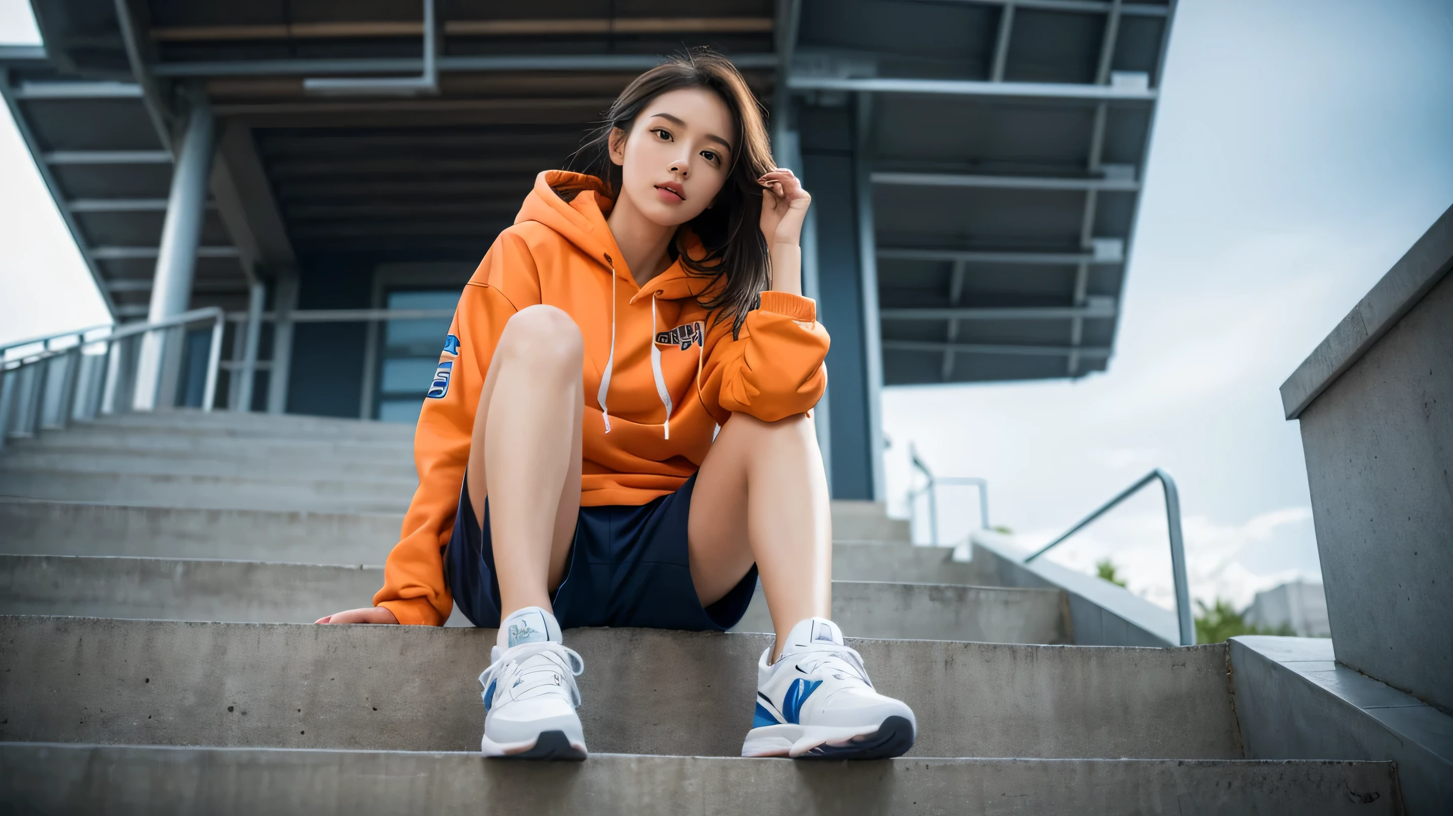 1 girl,blue sky,blurred background,architecture,City,cloud,cloudy sky,sky,depth of field,hood,hooded Jacket,hoodie,Jacket,Side,Orange Hoodie,look up,Shoe close to the camera,from below,whole body,lips,long sleeve,looking at the audience,motion blur,outdoor,parted lips,railing,shoe,shorts,sitting,sky,Sports shoes,alone,stairs