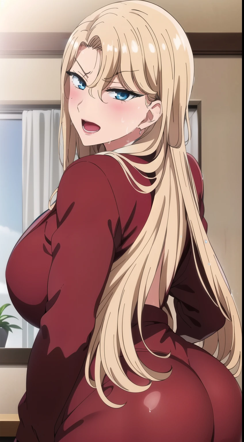 master piece,  , 1girl, solo,  , braid, back, looking at viewer, blush, open mouth, huge breasts, happy, blond hair, red jacket , long sleeves, blue eyes, upper body, sweat, looking at viewer, indoors,   detailed eyes,  (best quality),wet clothes,blush,big ass,huge ass,behind back