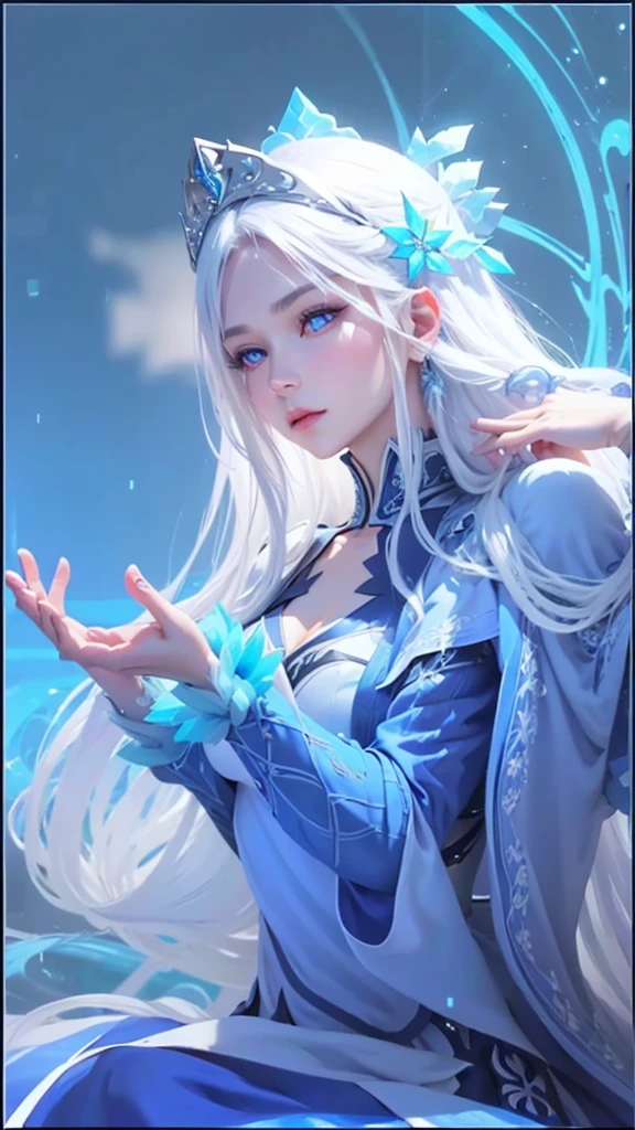 a girl of mixed European and Asian descent, long white hair, half closed eyes, blue eyeballs, blue lips, has a blue floating crown pattern on the back of the head, blue thin long dress with ice and snow style, a beautiful ice queen, aurora from mobile legend, ig model, close potrait, ultra detailed, super detailed, super hd, ultra super detailed potrait, mature but youthful, left hand slightly raised forward