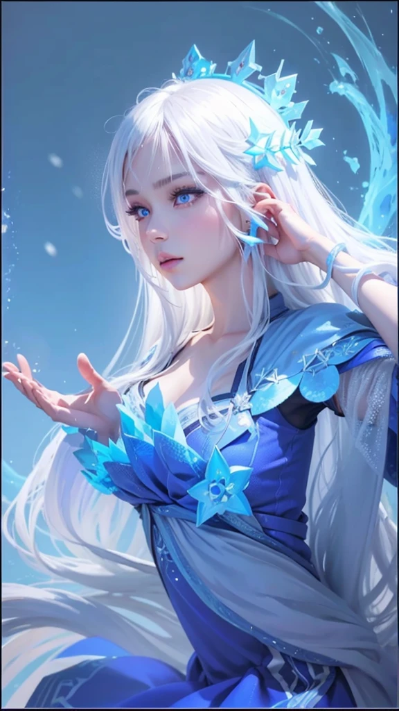 a girl of mixed European and Asian descent, long white hair, half closed eyes, blue eyeballs, blue lips, has a blue floating crown pattern on the back of the head, blue thin long dress with ice and snow style, a beautiful ice queen, aurora from mobile legend, ig model, close potrait, ultra detailed, super detailed, super hd, ultra super detailed potrait, mature but youthful, left hand slightly raised forward