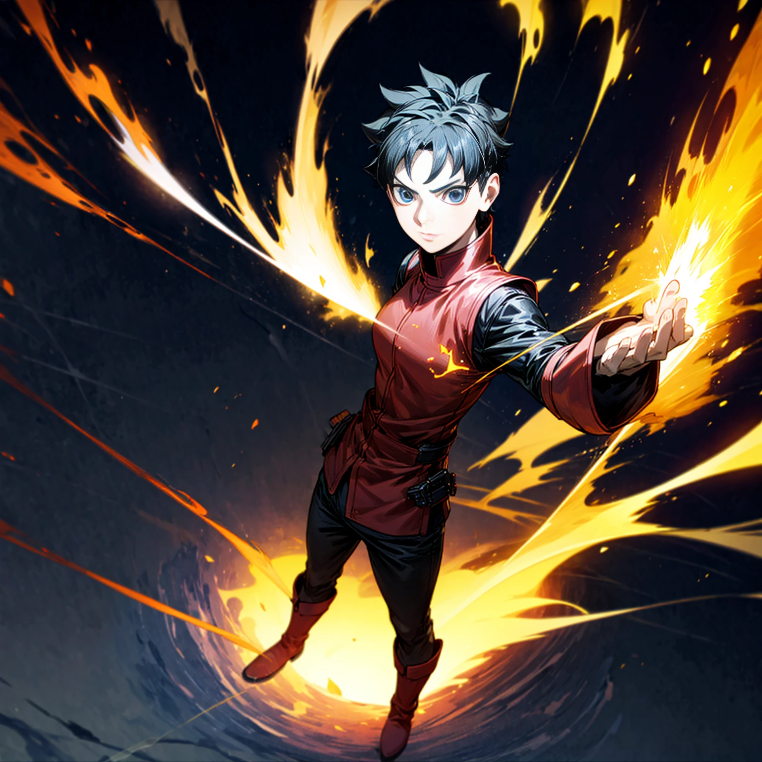 1boy, Full body version, 1character, blue eyes, short haircut, black color hair, soldier style outfit, ban captain, boots, Grassroots, full background in fire tornado, motion blur, (Hunter x Hunter style art), standing gesture, big fire on hand, lighting fire in hand, smoke effect, aura effect, hologram, plasma effect, blood on hand, lighting effect, high angle view