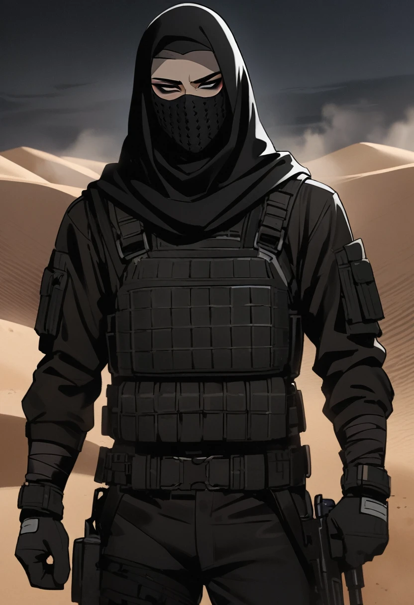 Male arab modern terrorist, terrorist, black balaclava, black bandage, black clothes, thin waist, femboy, light skin, makeup, black eyeliner, big eyelashes, black eyeshadow, choker, desert, night, sandstorm