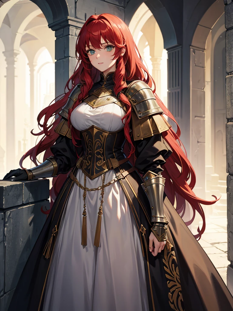 A knightly tall woman with curly red hair. She would also have green eyes and wear dark souls-style armor.