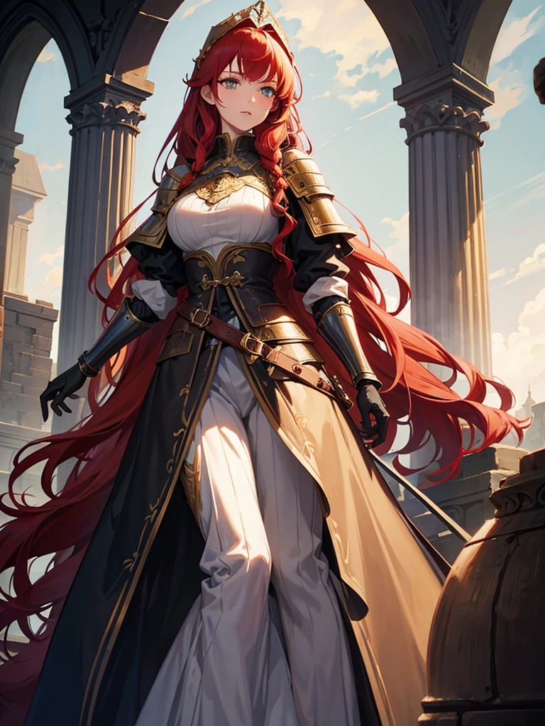 A knightly tall woman with curly red hair. She would also have green eyes and wear dark souls-style armor.