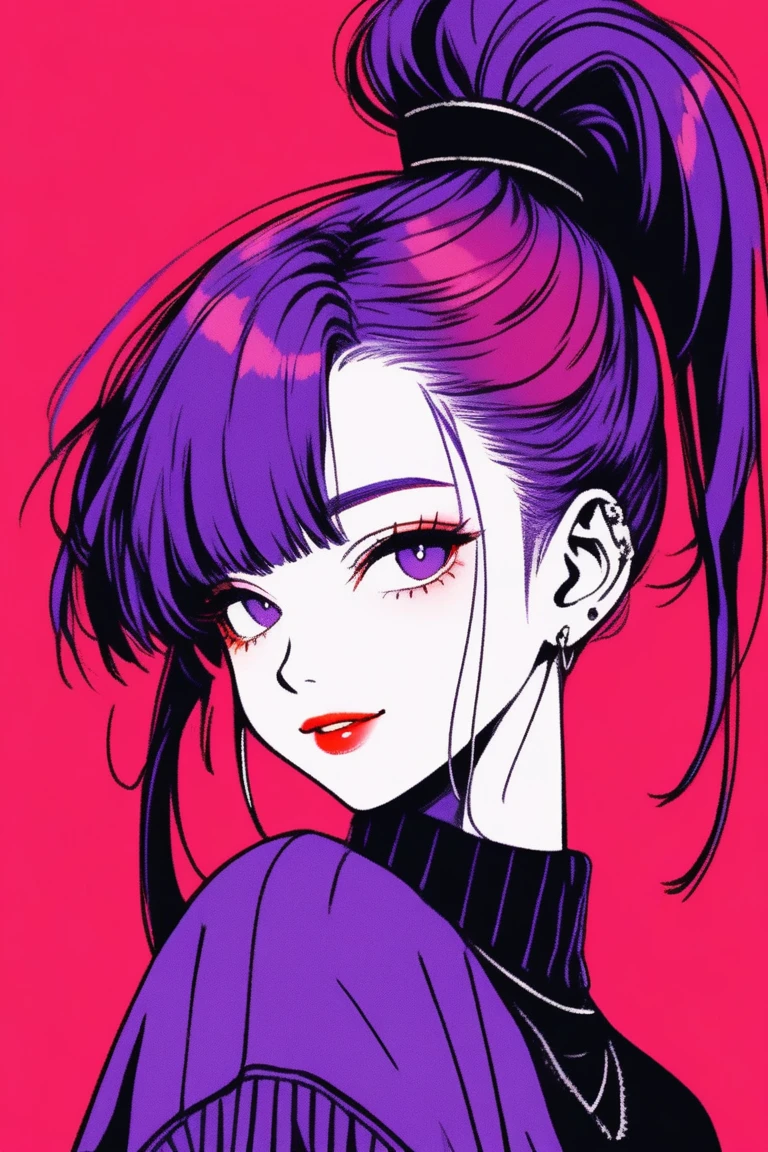 (best quality, sketch:1.2),realistic,illustrator,anime,1 girl, detailed lips, sweater, custom, red gradient background, neon hair, purple hair, long ponytail, long bangs, forehead showing, wearing grasses, smiling a little, cool vibes, textured cropping, masterpiece, style retro classic, noir dark