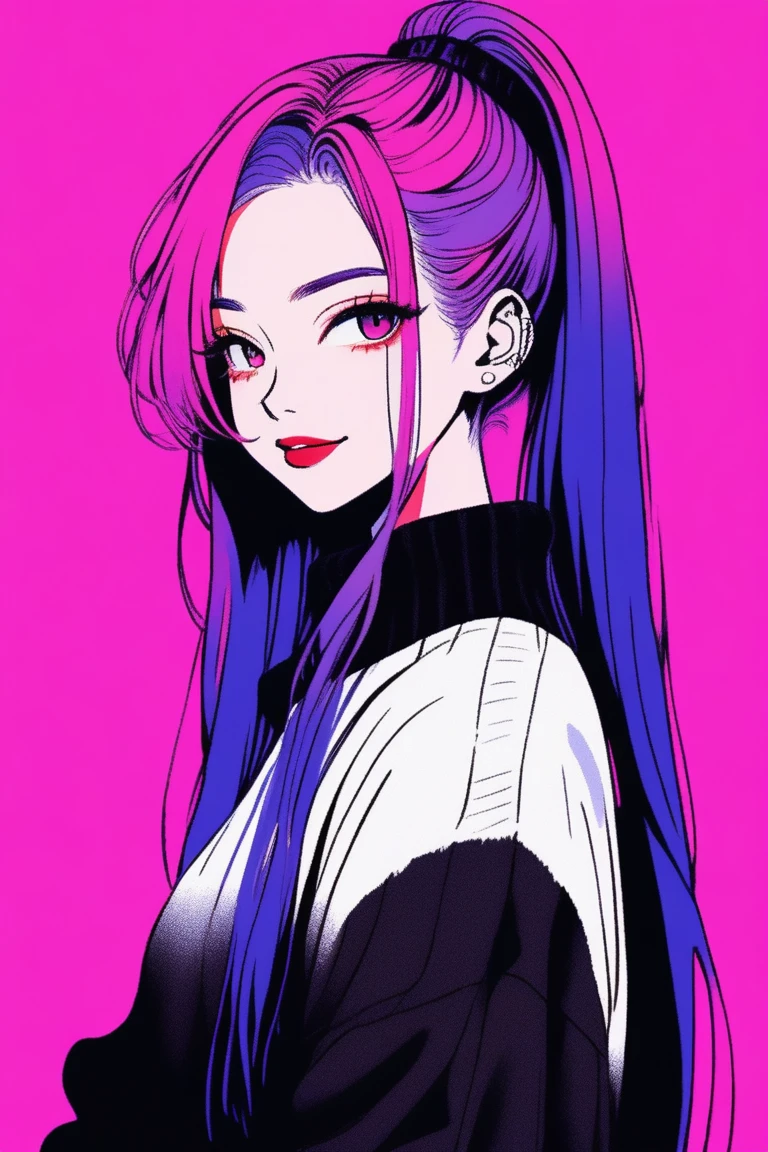 (best quality, sketch:1.2),realistic,illustrator,anime,1 girl, detailed lips, sweater, custom, red gradient background, neon hair, purple hair, long ponytail, long bangs, forehead showing, wearing grasses, smiling a little, cool vibes, textured cropping, masterpiece, style retro classic, noir dark