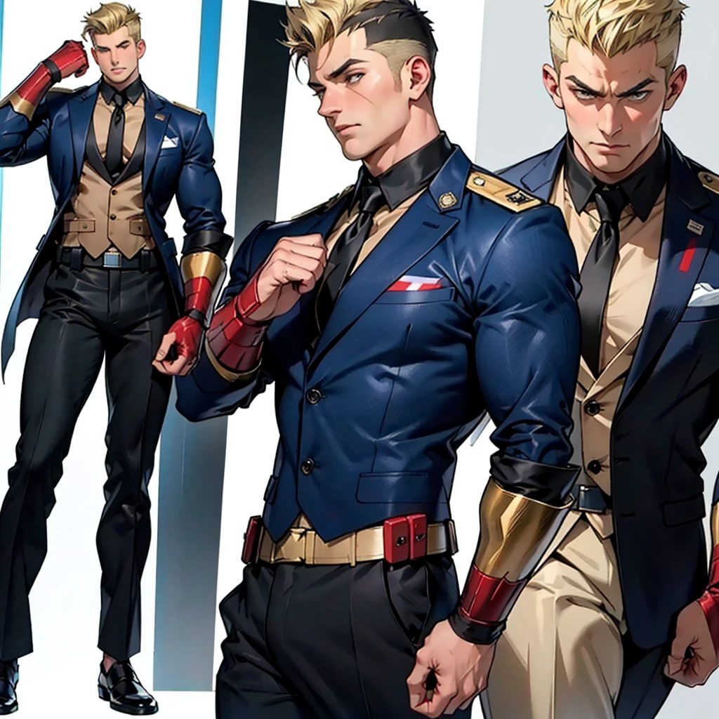 A model sheet of a muscular adult Captain America, short blonde quiff hair, shaved neck, wears a light beige suit-style outfit, dark blue blouse underneath and black tie, black pants and black shoes, Using detailed gauntlets, in different poses, various face angles, Facial expressions, 8k quality.