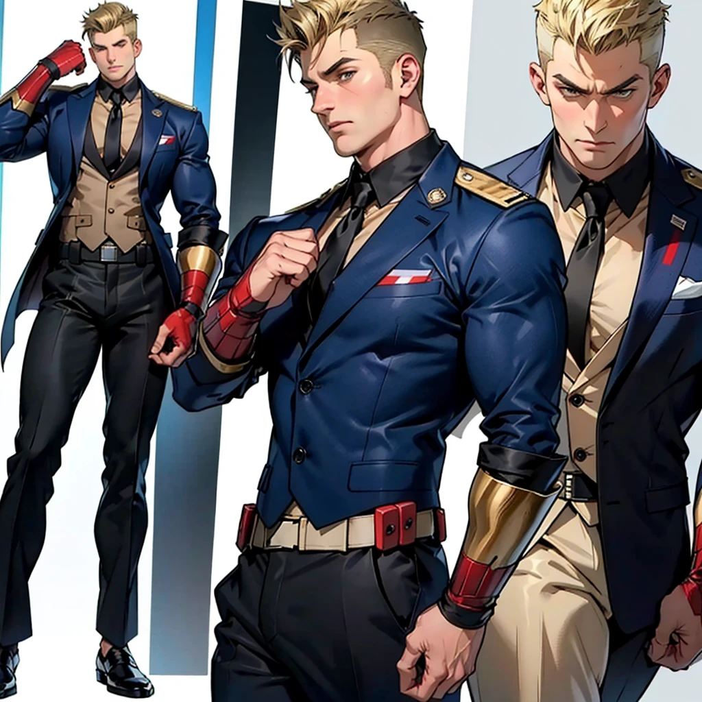 A model sheet of a muscular adult Captain America, short blonde quiff hair, shaved neck, wears a light beige suit-style outfit, dark blue blouse underneath and black tie, black pants and black shoes, Using detailed gauntlets, in different poses, various face angles, Facial expressions, 8k quality.