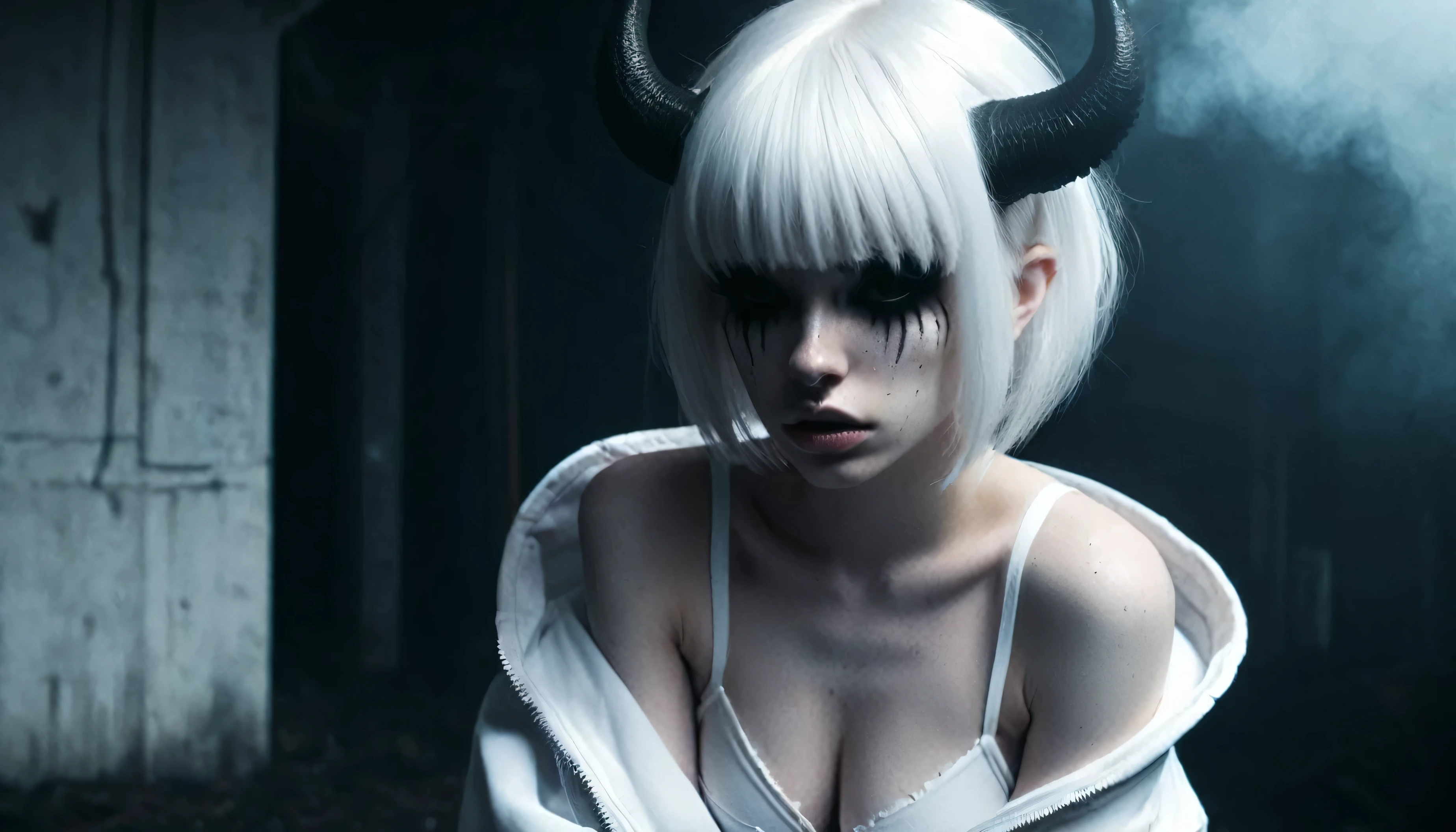 (Best Quality,hight resolution,Masterpiece, full body view:1.2),Ultra-detailed,demon woman with horns,dressed in black hoodie and white panties,sickly,standing in a horror sci fi scenario,horror sci fi aesthetic,gloomy ecstasy,fetish,dark gloomy atmosphere,gritty texture,Retro-atmosphere,warped reality,melancholic expression on his face,mysterious aura,foggy atmosphere,foggy background,Subtle color palette,provocative pose,Strong emotions,Coming Out of the Depths of Despair,Piercing gaze,intense shadows,Plunged in Darkness,dark industrial aesthetic,ominous vibe,A supernatural sensation,Loss of Place in Time and Space,Eerie silence.asymmetrical bangs, freckles, white short hair, Bangs, freckles, gray eyes,