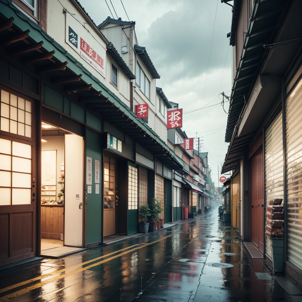 Anime background, empty, modern Japanese city street next to a river. anime, anime style. trash cans, plant pots, drains, air vents, air ventilation systems, gutters, pipes, wires, big Japanese shop signs, retro Japanese shop banners. (no one :1), no one in sight. gloomy weather, rain, heavy rainfall, heavy rain, puddles. best quality.