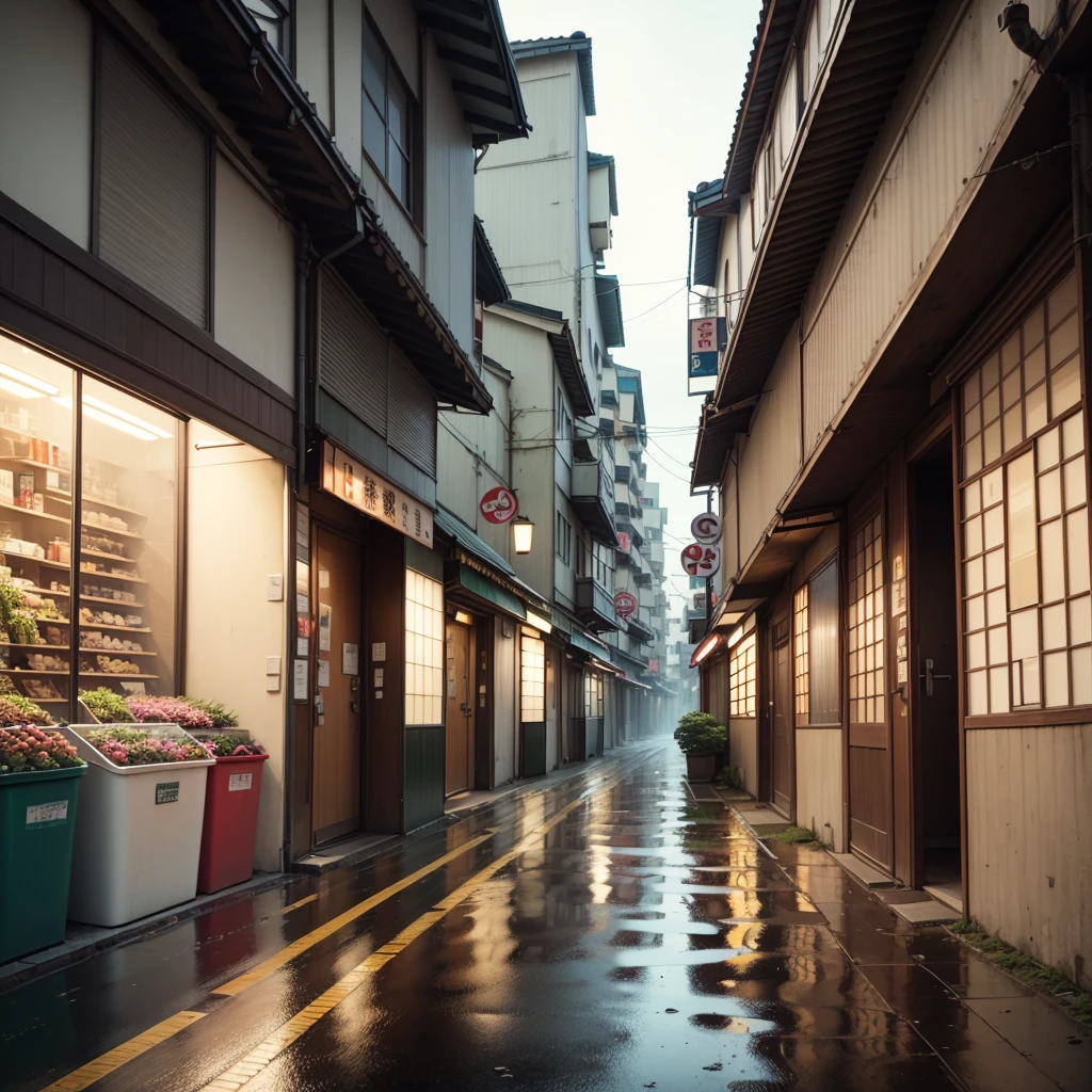 Anime background, empty, modern Japanese city street next to a river. anime, anime style. trash cans, plant pots, drains, air vents, air ventilation systems, gutters, pipes, wires, big Japanese shop signs, retro Japanese shop banners. (no one :1), no one in sight. gloomy weather, rain, heavy rainfall, heavy rain, puddles. best quality.