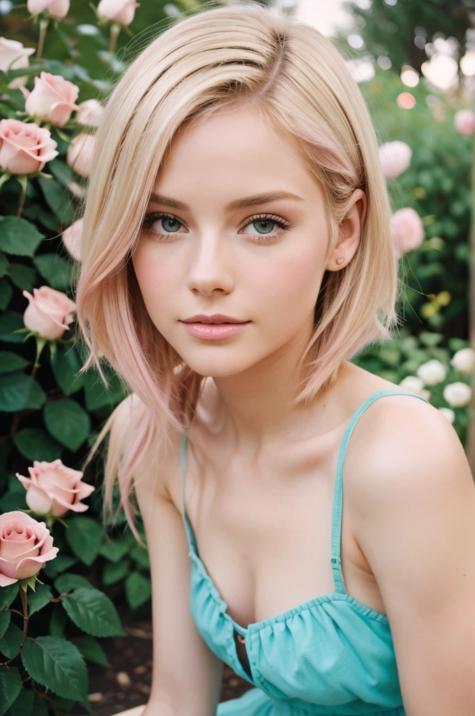 8k, RAW photo, Fujifilm, style photo of a beautiful young woman as avril in a garden of light pink roses (highly detailed skin: 1.2) Style-Petal BREAK short hair, blonde hair with colored locks, wearing a dress, film granulation, 35mm, cute style