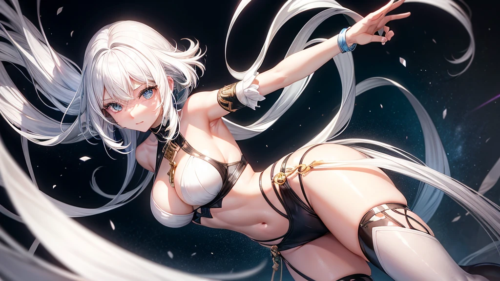 Create a character with white hair, smooth, falling to her waist