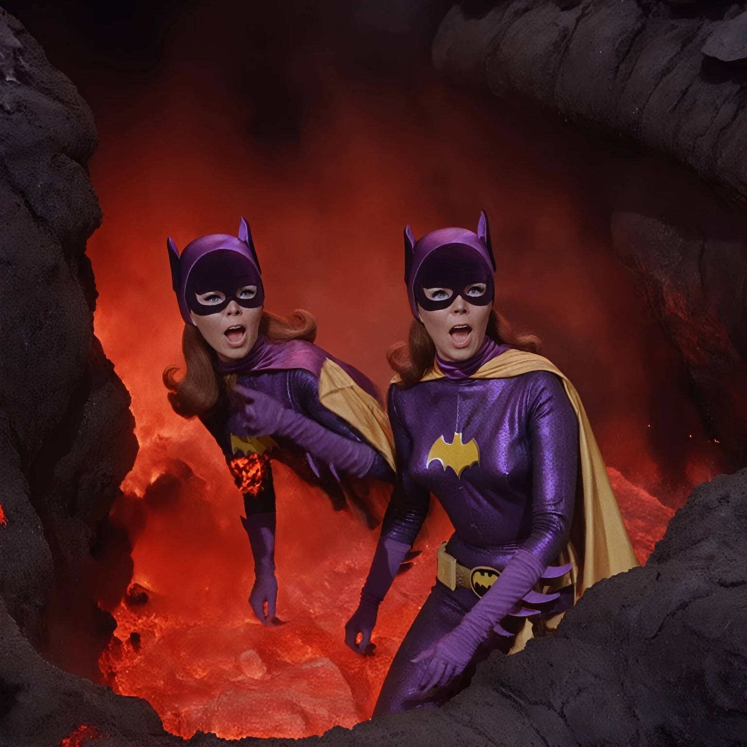 yvonne craig woman, sinking in a lava pit. She screams with her eyes wide open, she looks for help, extent her arm trying to grab something to escape, but half of her body is already burning in the red glowing lava, smoke everywhere, she is in pain, "please help me" she screams , 60's style, analog film, film grain