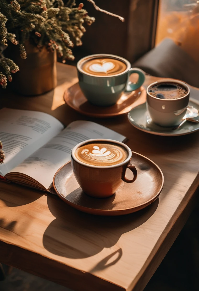 Aesthetic coffee wallpaper, 8k, masterpiece, cozy room space