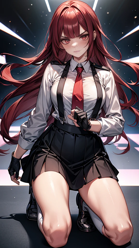 {{masterpiece}}, {{{Highest quality}}},{{Very detailed}}, {{figure}},{{tall}},{{Adult female}},,{{Fighting stance}},{},{{Long sleeve mini skirt uniform}},{{on one knee}},}}{}},{fighting stance}},{},{}, ,{{}},{{Eyelet foot}},,{{blushing with anger}},{{v-shaped eyebrows}},,{{}},{{}},,Slender body}}{{Avoidance}}{{Female police officer}},,,,suspenders ,Long sleeve mini skirt uniform, White High Socks,Black fingerless gloves, Long Red Hair, Red tie,Straight hair ,Blunt bangs,Thigh holster,.amountn loafer,,blush,Wrinkles ,amount,Grit your teeth,suffering,v-shaped eyebrows.,Sweat dripping,Medium chest ,get annoyed,,Slums,,Twisting,