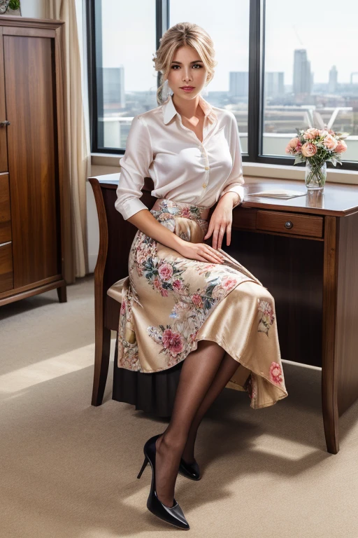 ((European career woman)). Realistic、Genuine raw photo、Full Body Portrait、Blonde updo、(Collared shirt)、(Floral Long Skirt:1.3)、(silk pantyhose:1.1)、High heels、Sitting pose、1 girl, High floor office、Perfect Anatomy, Perfect body, Perfect hands, Perfect Face, Perfect Eyes, Accurate, Anatomically correct, Perfectly clear and sharp focus, Highest quality、Ultra-high resolution, masterpiece, Ultra-realistic、Professional Lighting
