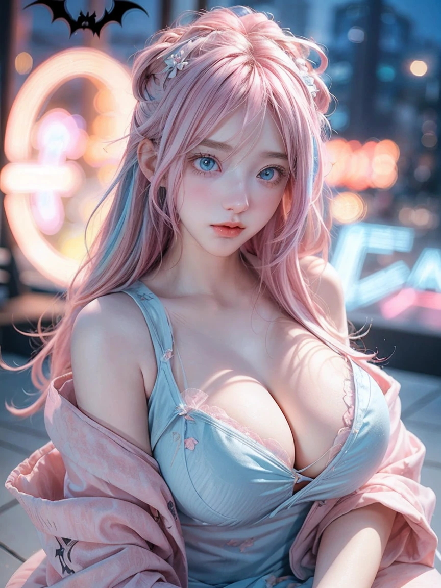 Gorgeus Girl, Beautiful, Baby Face, 20 Years Old, White Skin, Colossal Breasts, ((Anime Cosplay Coatumes)), Pastel Colour, Blue Eye, Halloween Background, Masterpiece, Pink Hair, Sleeveless, Front Fancing, ((Potrait:1.1)), ((Torn:1.2)), ((perfect cleavage))